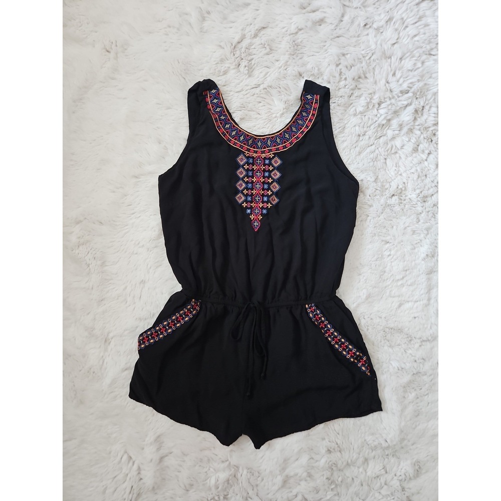Forever 21 Boho Black Tribal Gypsy Embroidered Festival Smocked Romper Small